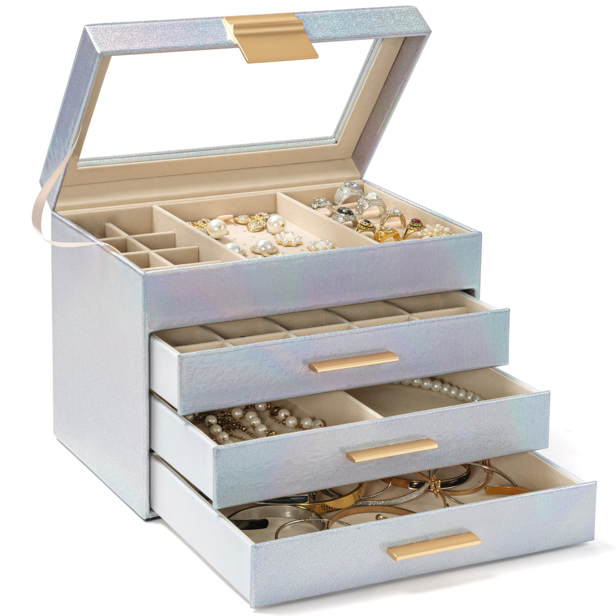 AKOZLIN 4-Tier Jewelry Box with Clear Glass Lid Functional Leather Jewelry Storage Organizer Case 3 Drawers for Women Girls Necklace Ring Bracelet Earring