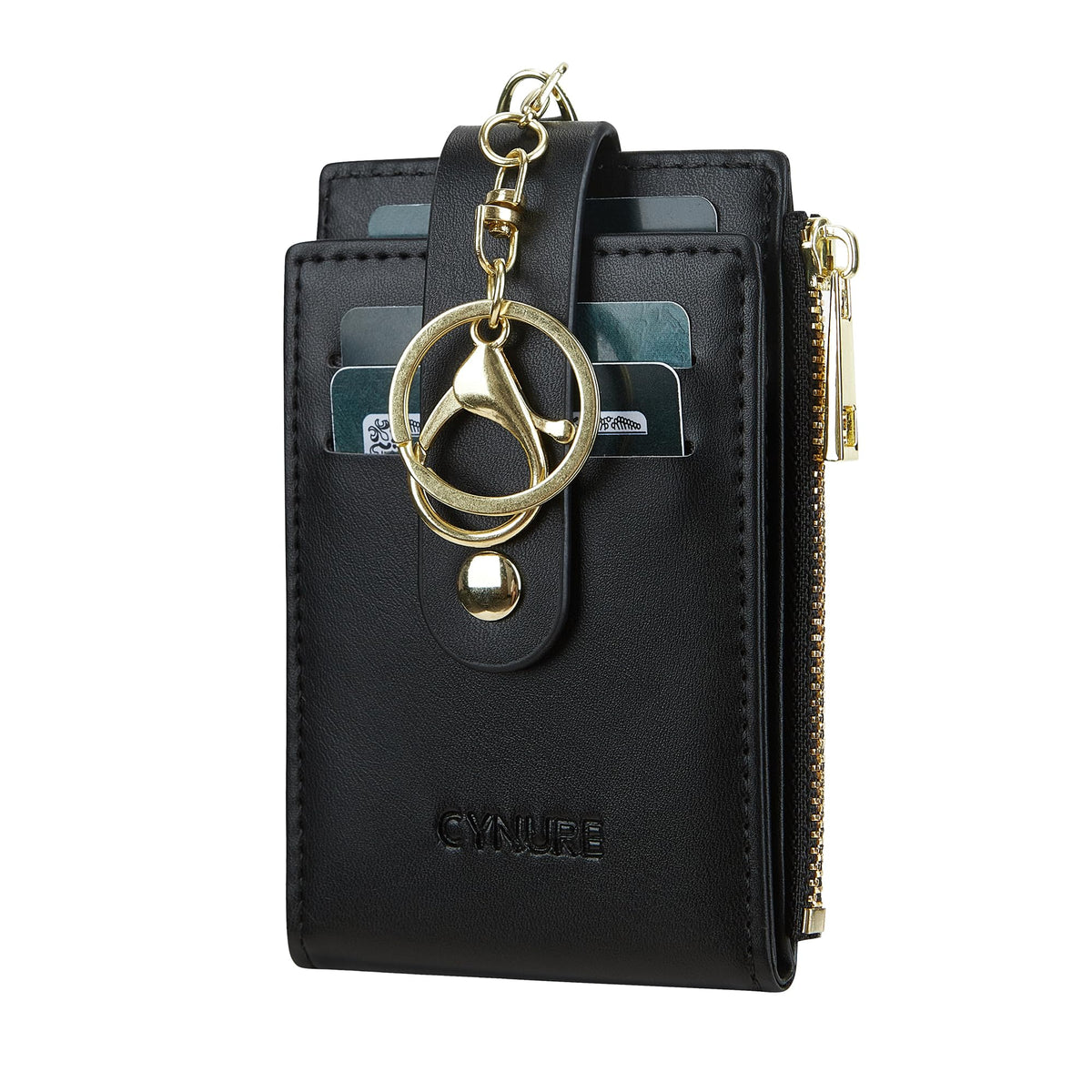 Cynure Women Leather RFID Blocking Card Holder Slim Small Zipper Keychain Front Pocket Wallet with 2 ID Window, 1-plain black
