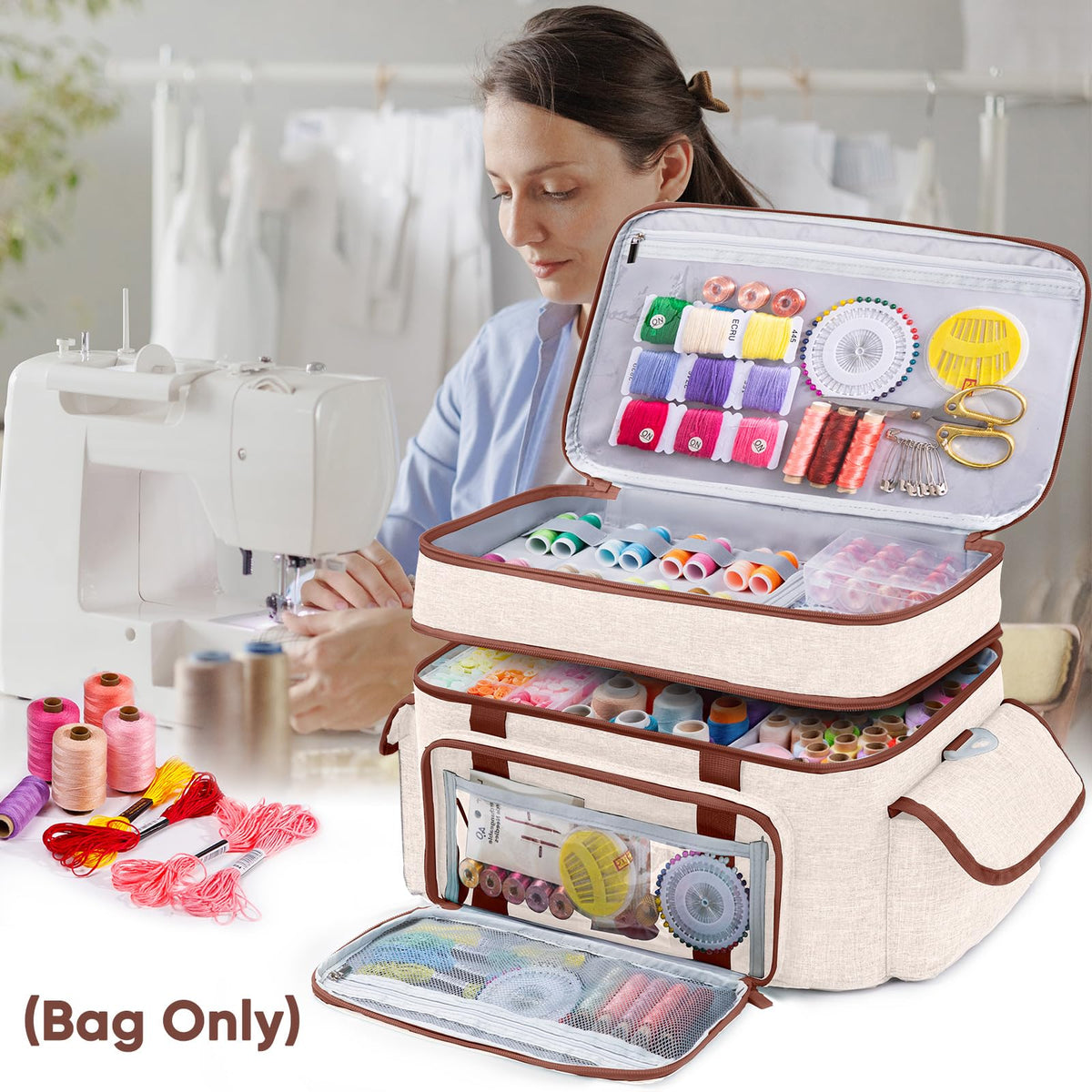 AMOIGEE Large 15" Double-Layer Sewing Storage Bag with Detachable Diviers – Large Sewing Organizer with Shoulder Strap, Elastic Loops for Sewing Supplies, Tools & Accessories