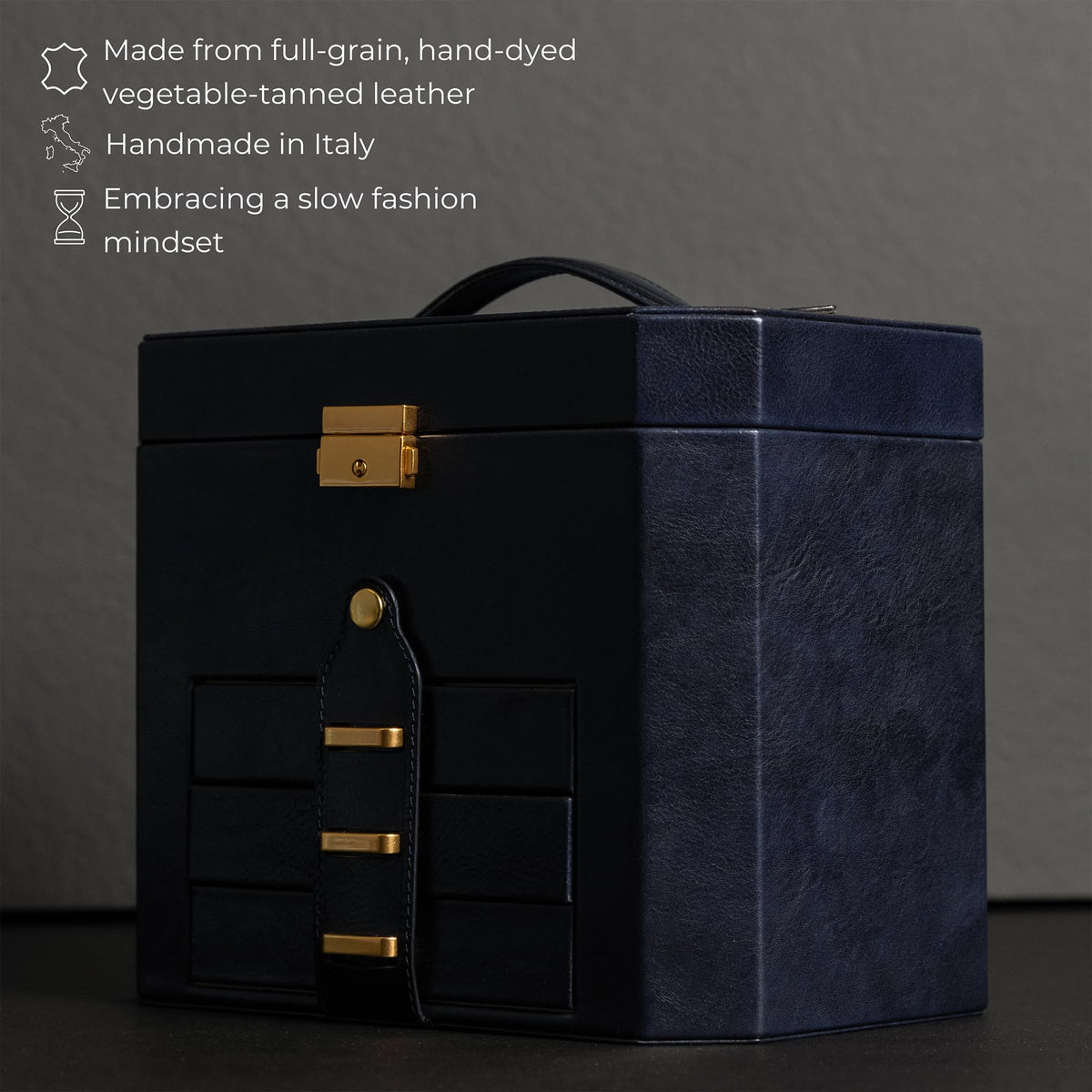 Time Resistance Leather Jewelry Box - Full Grain Leather Jewellery Organizer - Lock Box for Women (Blue)