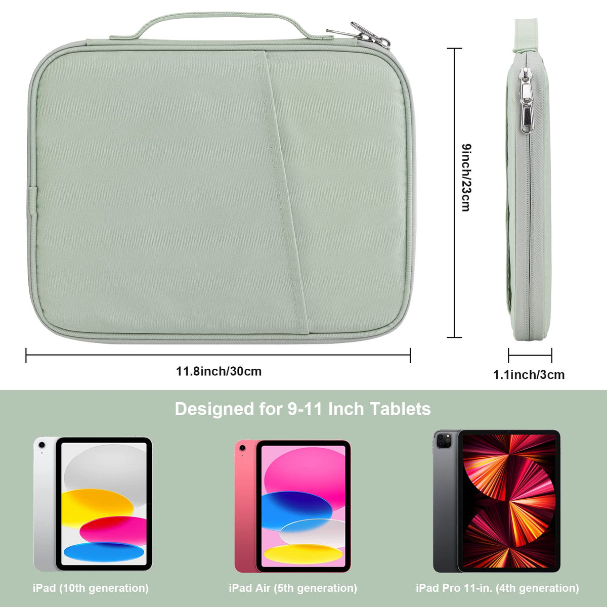 9-11 Inch Tablet Carrying Sleeve, Padded Travel Bag for iPad Pro 11-in (M4), iPad 10.9 (10th Gen), iPad Air 11-in (M2), Galaxy Tab S9/S8 (Green-Updated Version, 9-11)