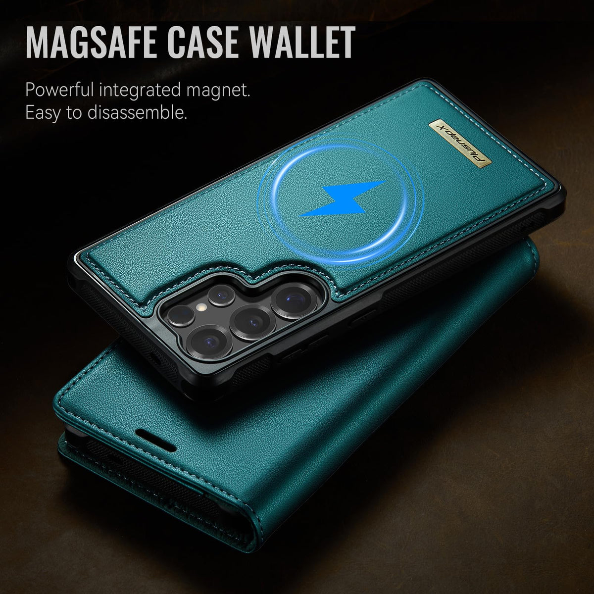 PlusnapX Wallet Case for Samsung Galaxy S24 Ultra Compatible with Magsafe, 2-in-1 PU Leather Flip RFID Blocking Card Holder Stand Shockproof Magnetic Detachable Cover for Galaxy S24 Ultra, Bluegreen