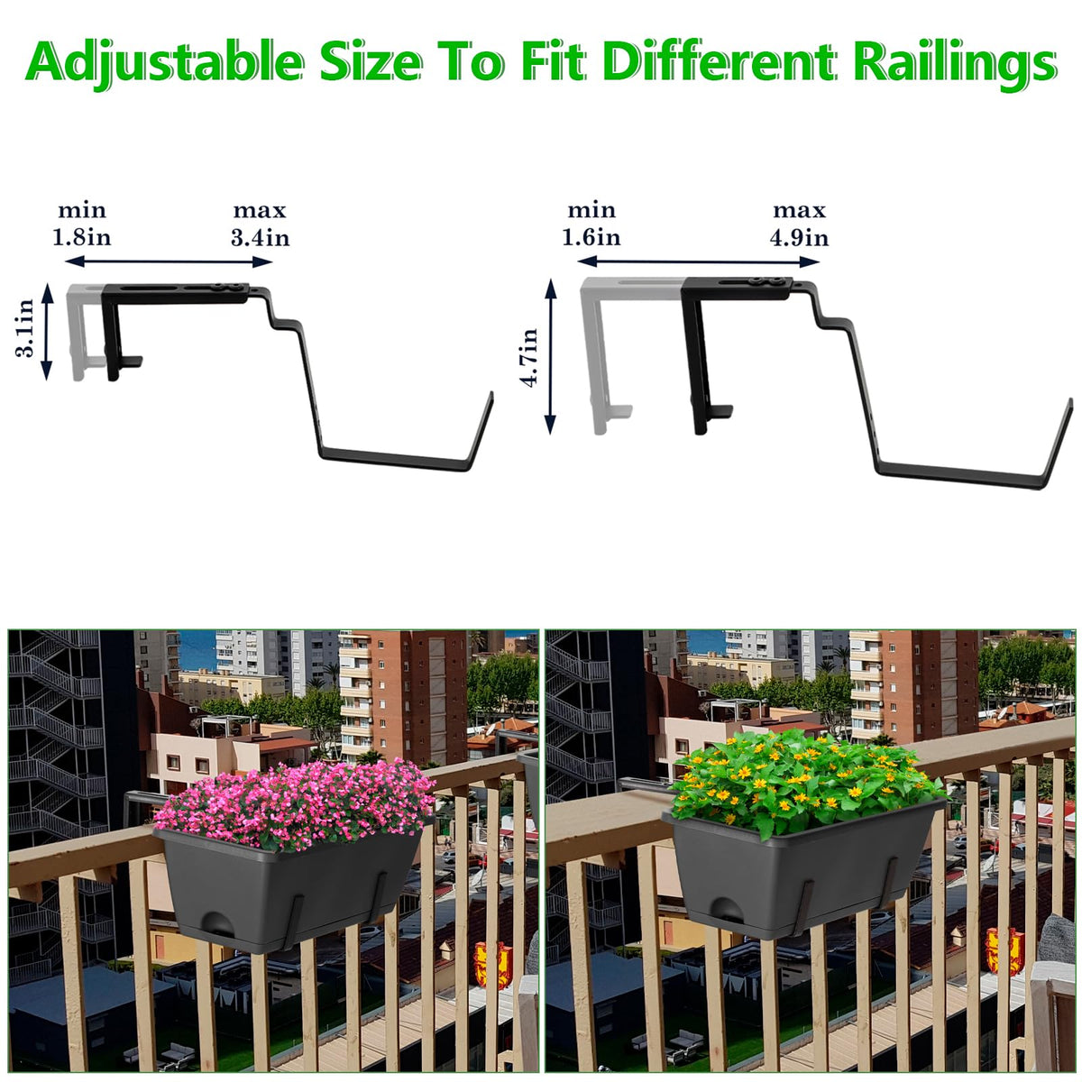 OYEAL Deck Railing Planter Boxes Set of 2 Over Fence Planters for Outdoor Plants, Hanging Window Planter Boxes with Adjustable Brackets, 6 Plastic Flower Boxes, Grey