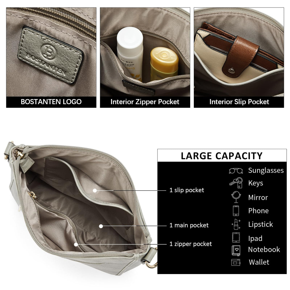 BOSTANTEN Crossbody Bags for Women Trendy Vegan Leather Hobo Purses Shoulder Handbags With Wide Shoulder Strap Sky Grey