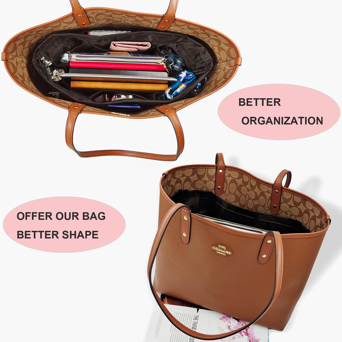 Time Wing Handbag Tote Purse Organizer Insert Bag Liner Shaper Divider Zipper 11 Pockets Compartments Medium Coffee
