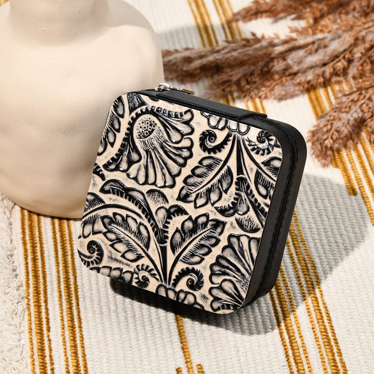 DEEKA Western Jewelry Box Case Real Leather Black and Beige Embossed Tooled Travel Jewelry Organizer Gifts Christmas Gifts for Women Country Girls Cowgirl Stuff Portable Travel Accessories -Black