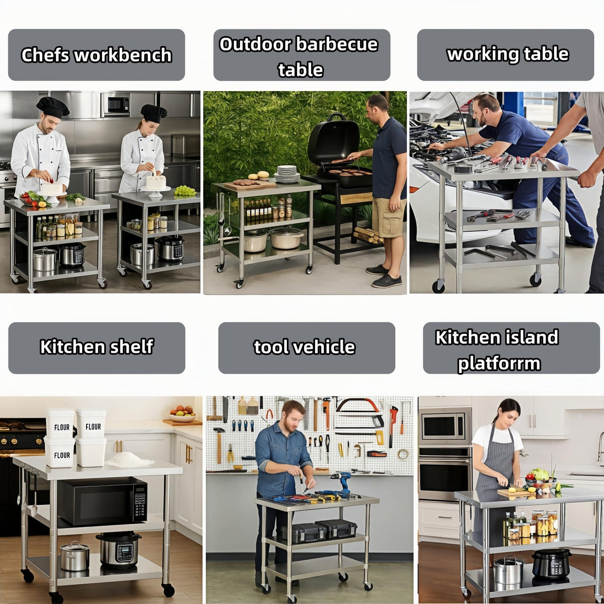 Stainless Steel Table with Wheels for Food Preparation and Work, Multi-Size Optional, Three-Layer Variable Two-Layer Metal Commercial Workbench Outdoor, Restaurant, Kitchen (44" Lx24 Wx34 H)