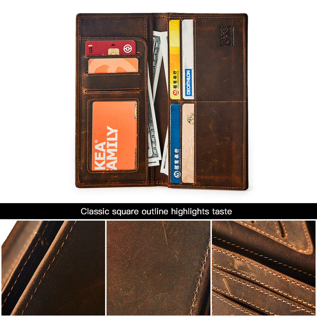 BRASS TACKS Leathercraft Vintage Long Wallet for Men Top Grain Leather Dark Brown Cowhide Bifold Wallet Gift Box