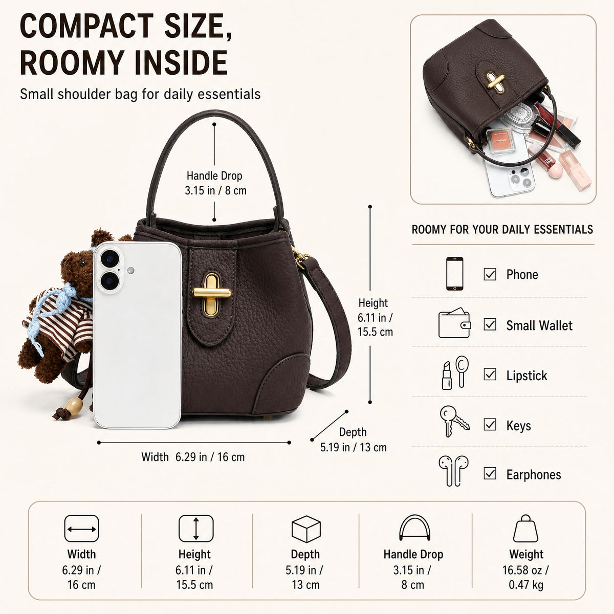 COC.EFRENAR Women's Mini Top Handle Bag, Vegan Leather Crossbody Shoulder Purse with Cute Bear Charm & Scarf, Small Bucket Handbag with Adjustable Strap