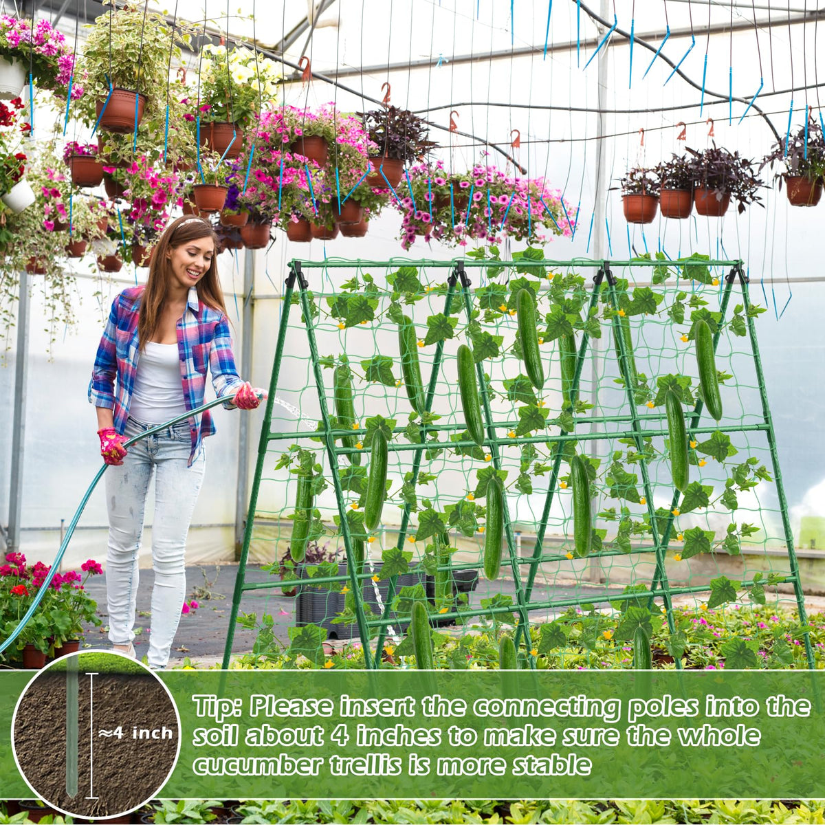 Cucumber Trellis for Raised Beds, 45 x 53 Inch Adjustable Size A-Frame Garden Trellis for Climbing Plant Outdoors with Climbing Net and Plant Support Clip for Vegetable Grape Tomato Bean Pea