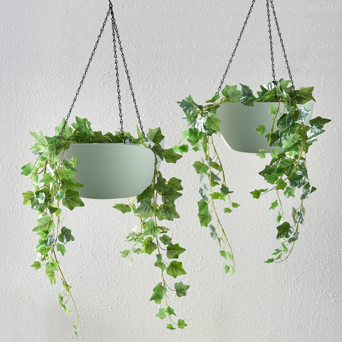 WOUSIWER 13 inch 2 Pack Large Hanging Planters for Indoor Outdoor Plants with Drainage Holes and Chain, Round Hanging Flower Pots for Garden Home Porch Decor, Green
