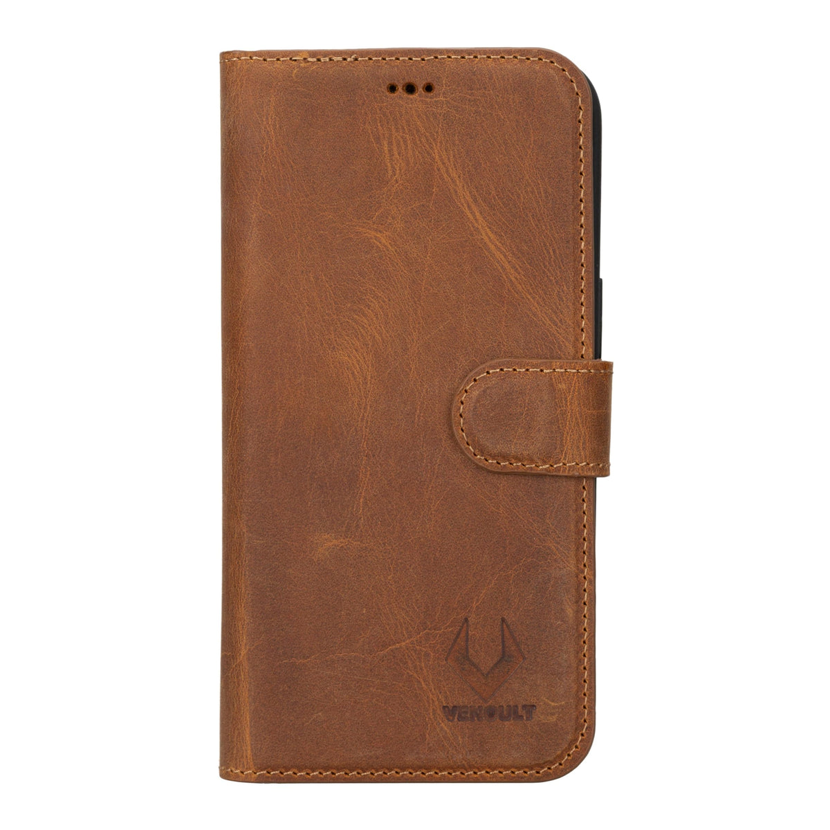 VENOULT Detachable Wallet Case for iPhone 15 Pro MAX, 4 Card Holder Wallet, Man or Women Folio Cover, Compatible with Magsafe, RFID, Genuine Leather, Kick Stand (Almond Brown)