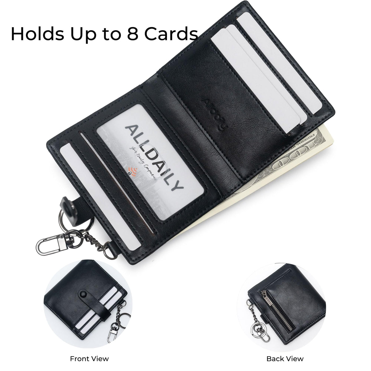 Alldaily Slim Keychain Wallet for Women, RFID Blocking Small Bifold Travel Credit Card Holder (Black)