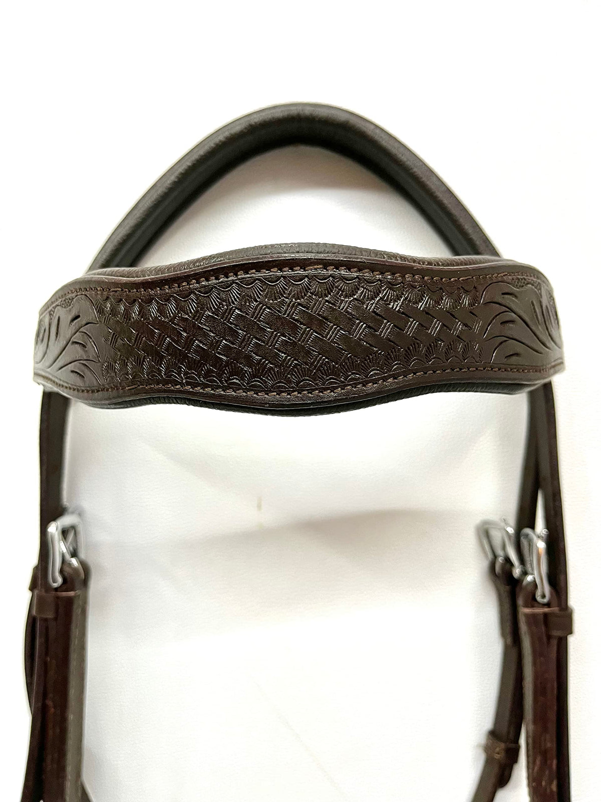 AMAZING HORSE STUFF Sidepull Bitless Bridle with Designer Hand Carving On Brow & Noseband Curved Shaped Brown (Full, Cob, Pony) (Pony)