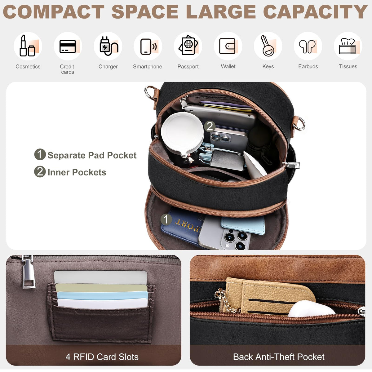 SYTRAH Small Backpack Purse for Women, Mini Backpack Vegan Leather with RFID Blocking & Tablet Pocket, Cute Shoulder Handbag for Travel, School & Work Black Brown