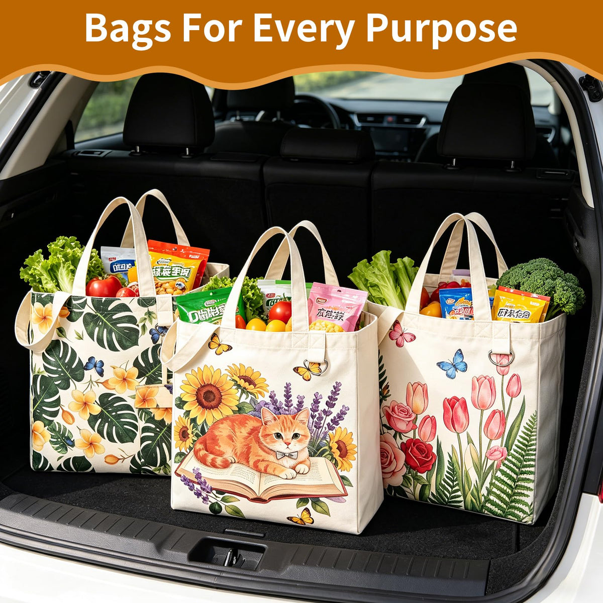 KIDJFGG Large Canvas Grocery Tote Bag, 3 Pack Heavy Duty Cotton Canvas Totes with Removable Bottom Support & Small Storage Pouch, Washable, 2 Handles Reusable Grocery Bags for Shopping, Women's Gift