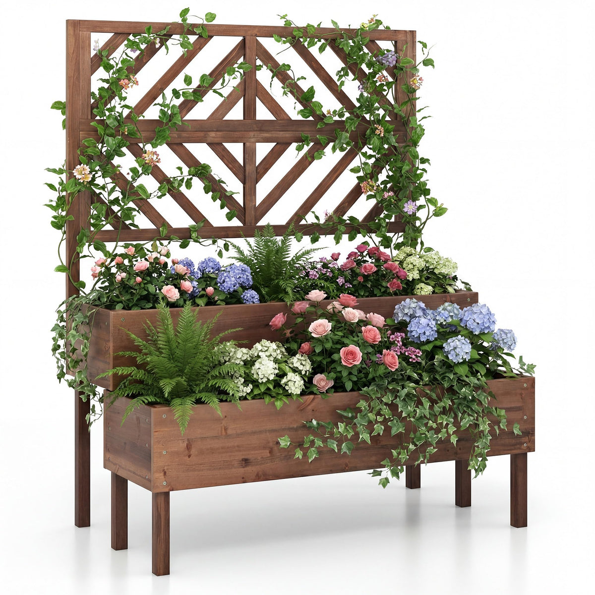 Giantex Raised Garden Bed with Trellis, 2-Tier Standing Planter Box with Legs and Drain Holes, Outdoor Elevated Garden Trellis for Vine Climbing, Flower Vegetable Fruit Herb Growing, Coffee Brown