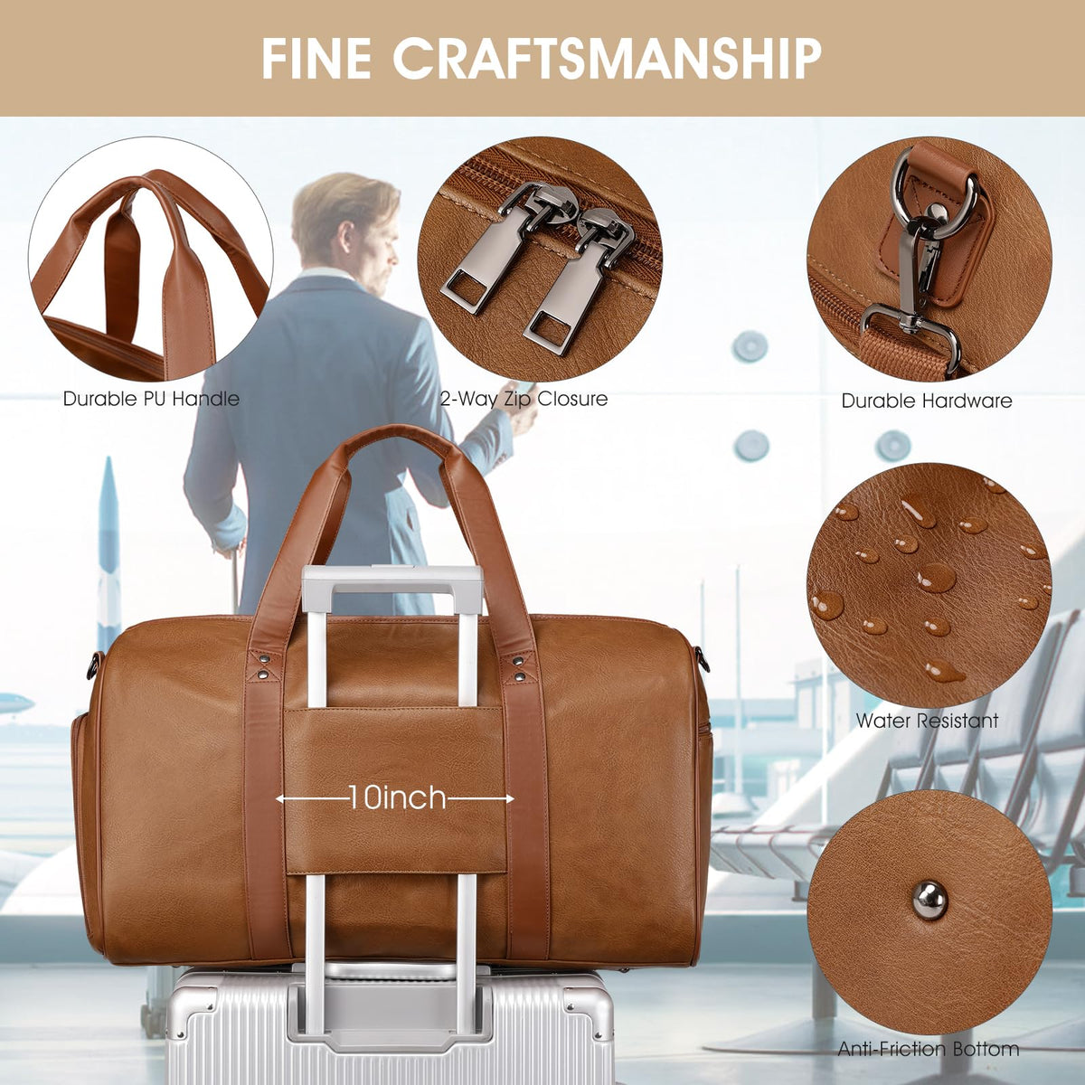 Wogarl 3PCS Faux Leather Weekender Bag for Women Men Large Overnight Bags Travel Duffel with Shoe Compartment Toiletry Packing Cube Carry On Tote Fit 21" Laptop(Light Brown)
