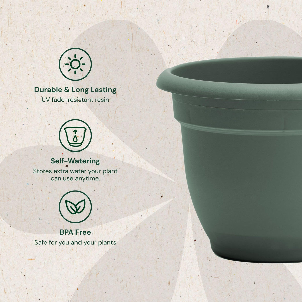 Bloem Ariana 12" Self-Watering Plastic Planter - Rolled Rim Indoor/Outdoor Garden Pot, Basil, 2-Pack