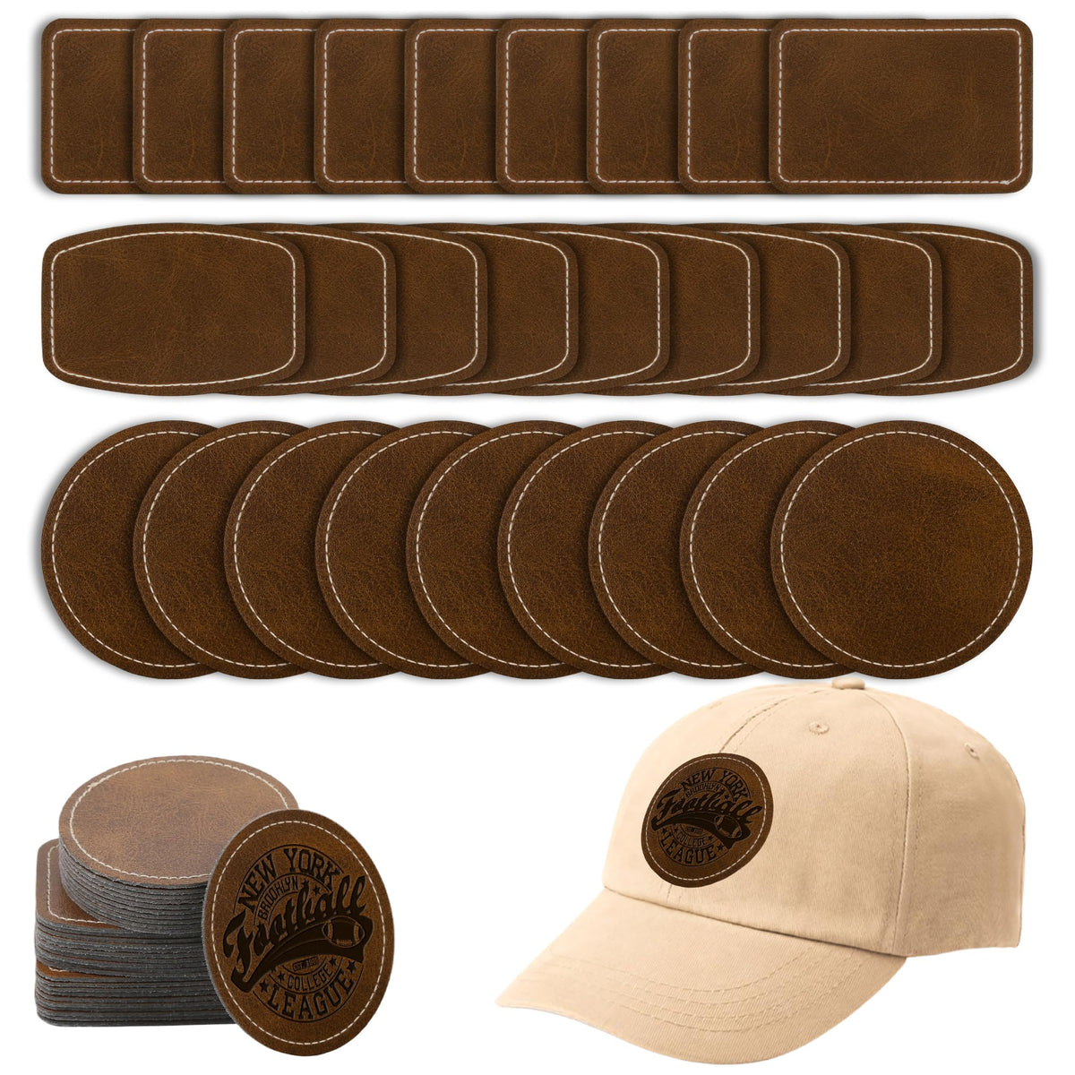 BUVKHMX Faux Leather & Leatherette Hat Patches - 60 Pack Blank Laserable Patches with Adhesive Backing for Customization, Fabric Repair, Sewing & Laser Engraving Supplies (Dark Brown)