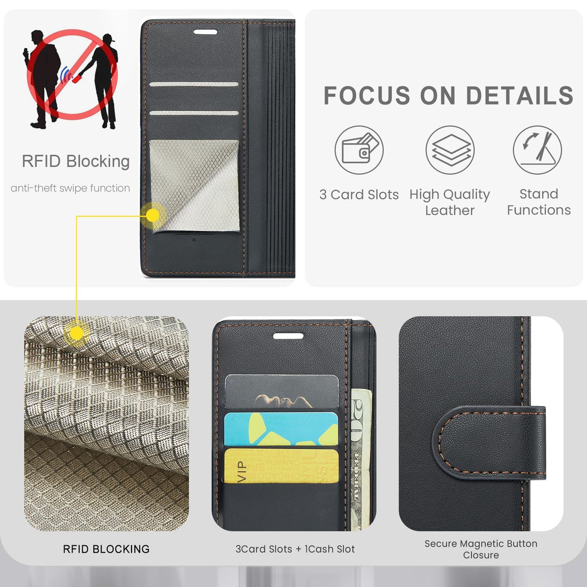 FLIPALM Wallet Case for Samsung Galaxy A15 5G, RFID Blocking Credit Card Holder, PU Leather Folio Flip Kickstand Protective Shockproof Cover for Galaxy A15 (Black)