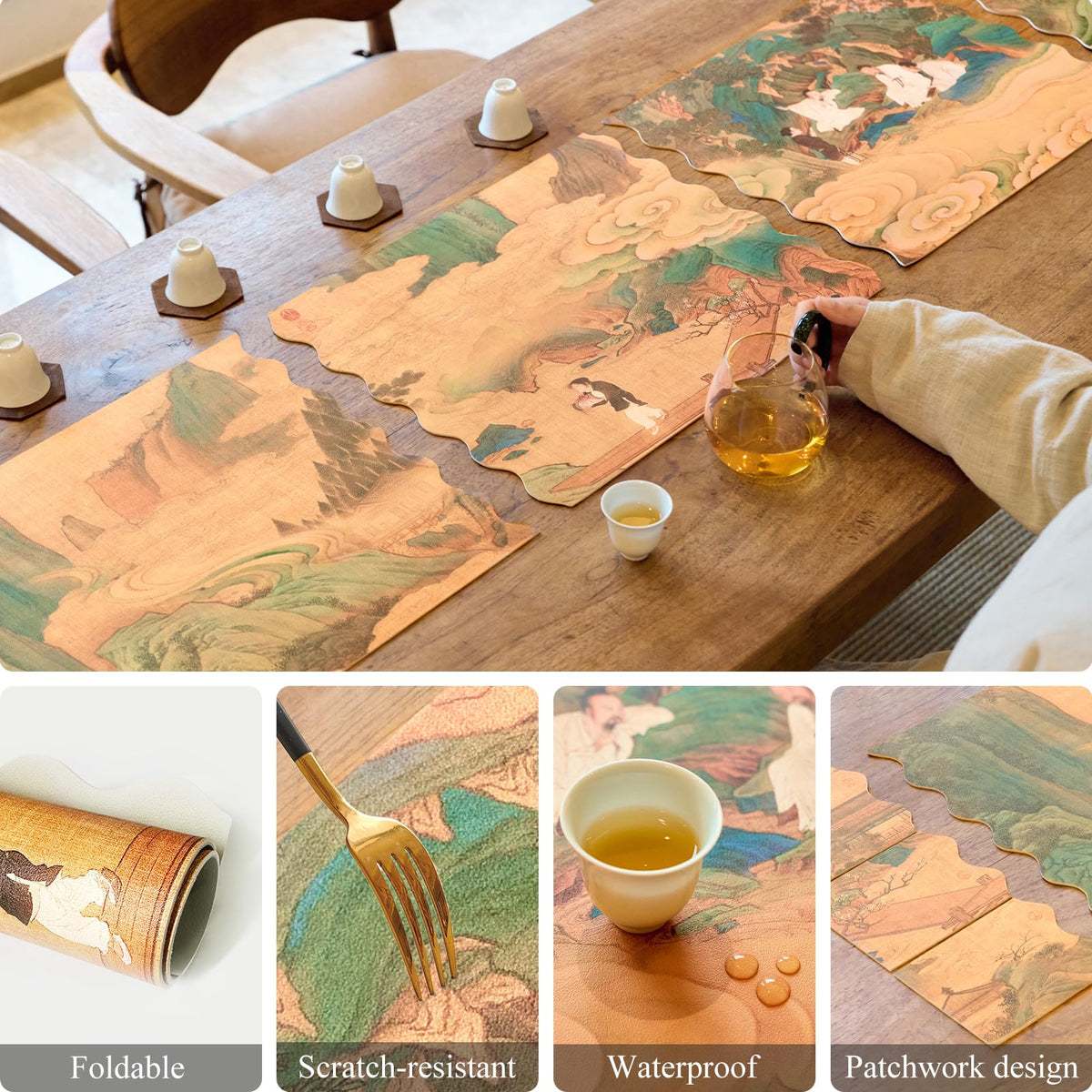 HONGSAM iqipa Faux Leather Table Runner for Dining Table Decorative Leather Table Runners Coffee Table Cloth Waterproof Runner Table Faux Leather Placemats Set and Coasters Table Protector Decor