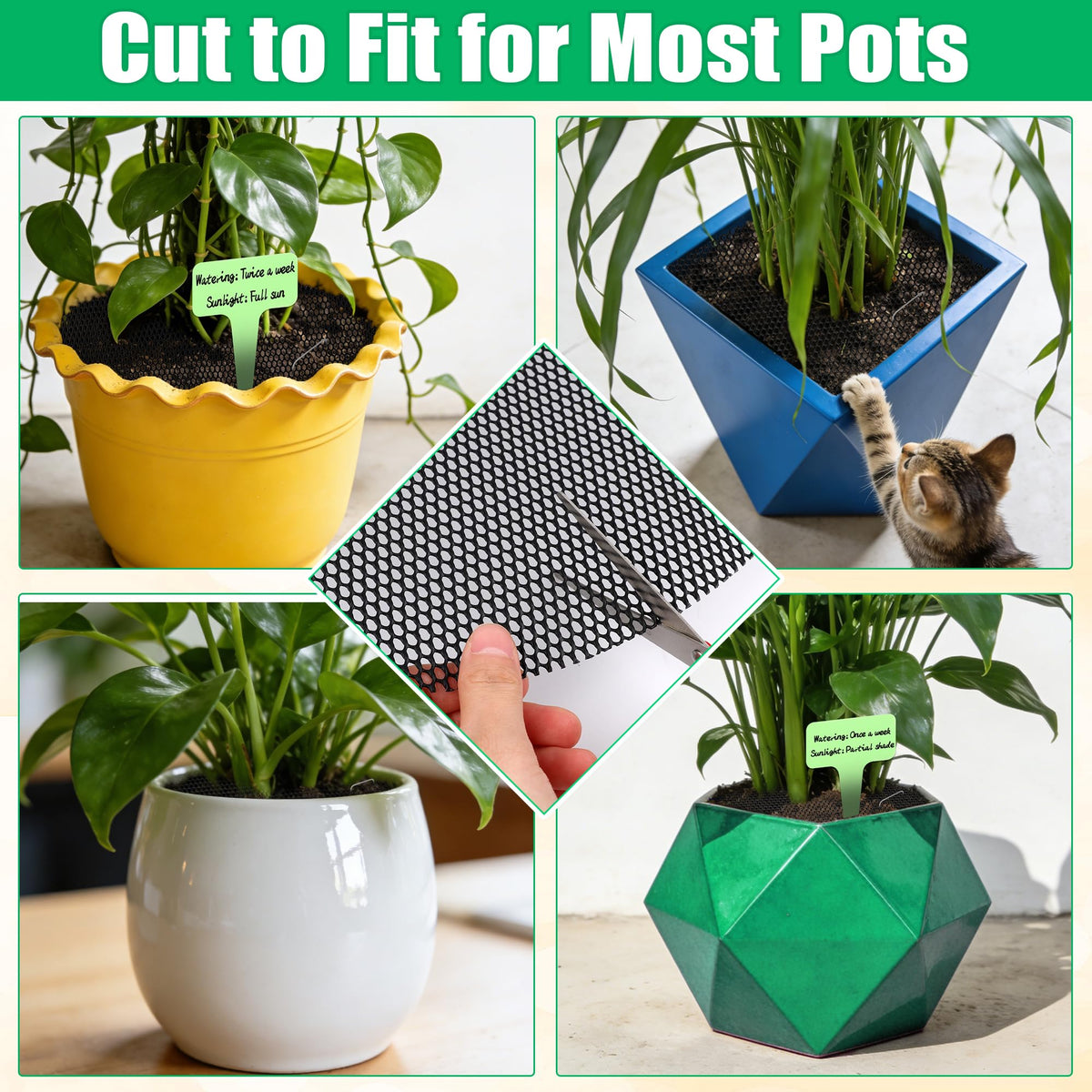 Pletpet 4 Pcs 15.7 Inch Plant Pot Soil Covers Protectors, Pot Grids for Plants Protection with 1 Marker Pen, 1 Scissors, 4 Plant Labels and 8 U-Shaped Garden Stakes
