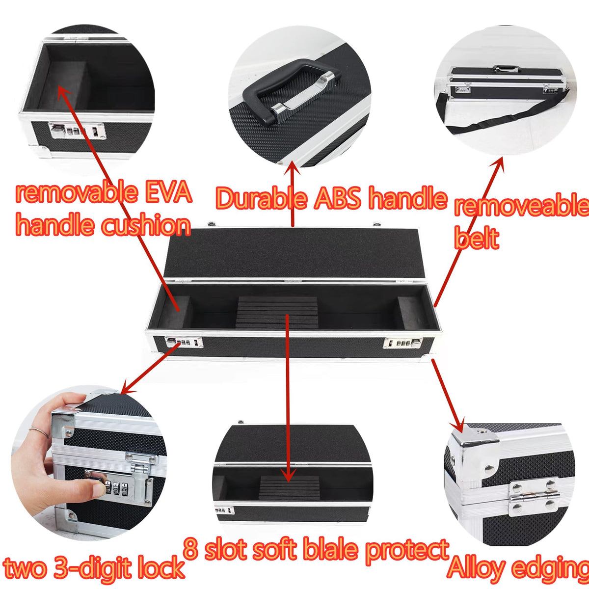 Flydoniso Chef’s Knife Case Aluminum Hard Case with Dual Combination Locks Cultery Carrier Portable Knife Organizer Block Holders Protectors With 8 Slots Can Hold Home Kitchen Knife Tools Up To 17.5”