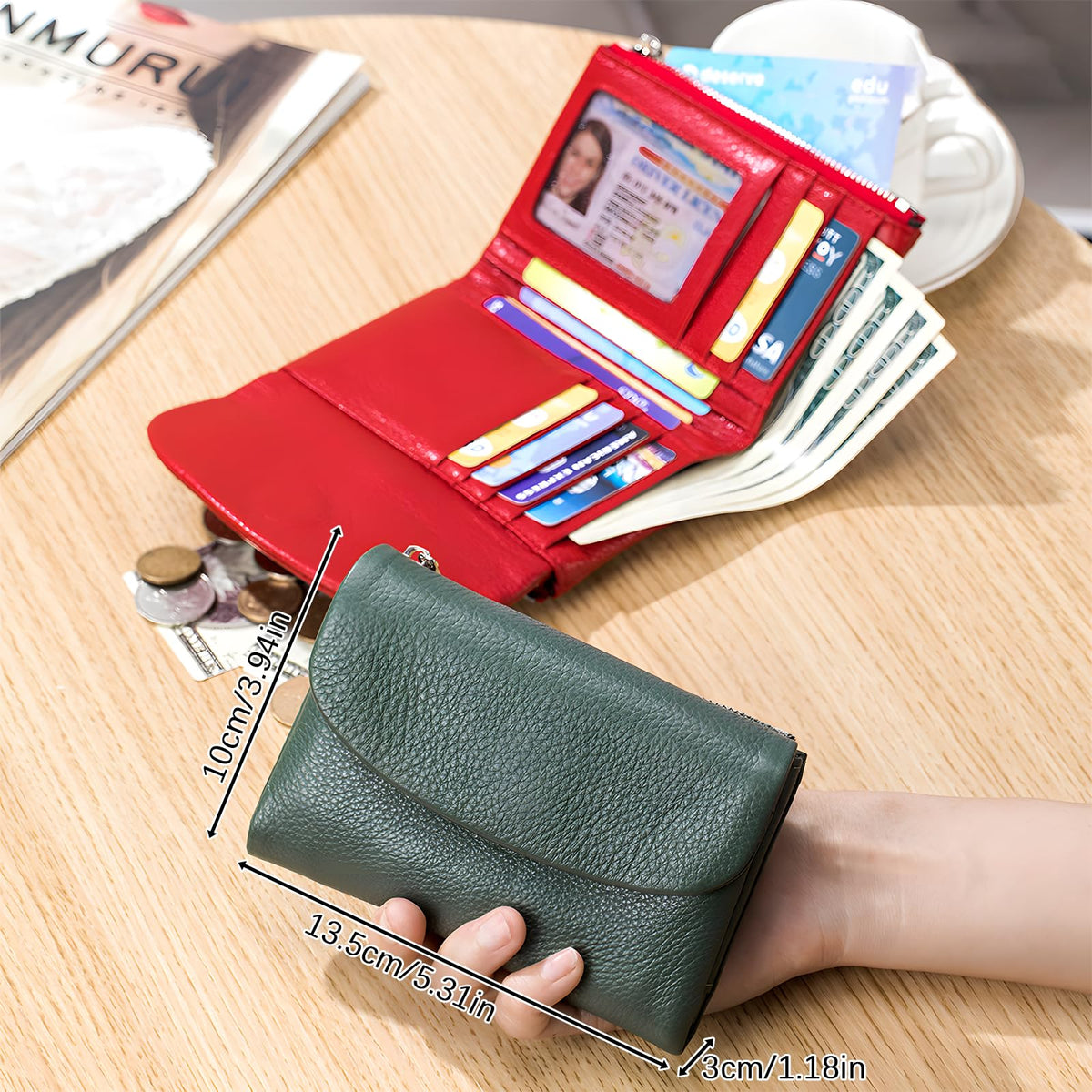 YRounee Genuine Leather Wallet for Women, Slim RFID Clutch with Coin Pocket, Soft Pebble Short Card Holder ID Case 5.3in (Black)