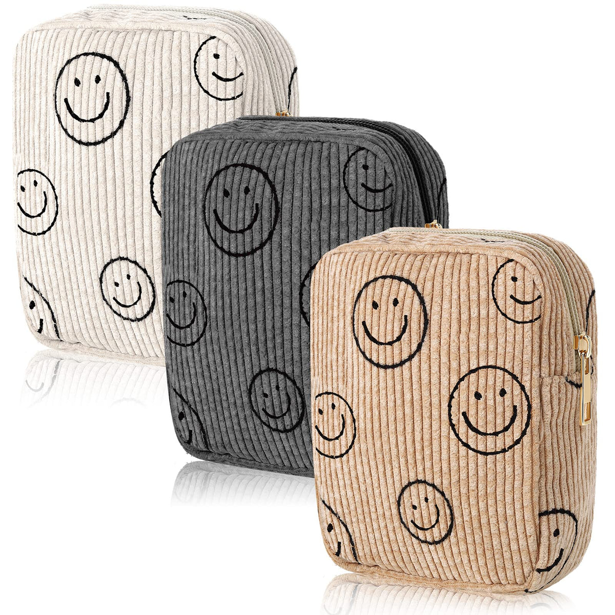 Photect 3 Pcs Small Mini Makeup Bag for Purse Corduroy Cute Cosmetic Bag Smile Face Pencil Pouch Purse Travel Makeup Bags for Women Gifts(Stylish,White, Gray, Yellow)