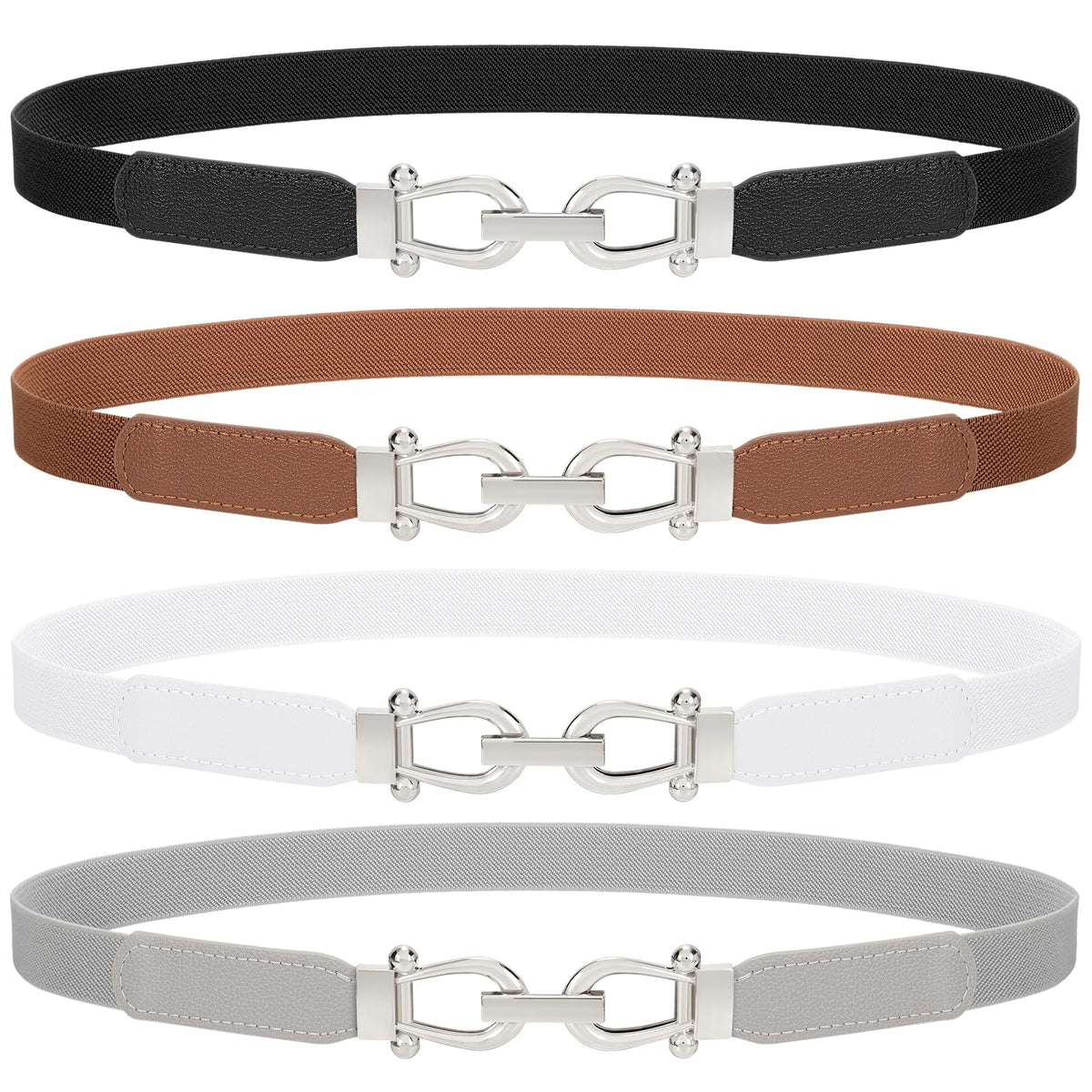 TRIWORKS 4 Pack Skinny Elastic Belts for Women Silver Buckle Thin Stretchy Waist Belts for Dresses