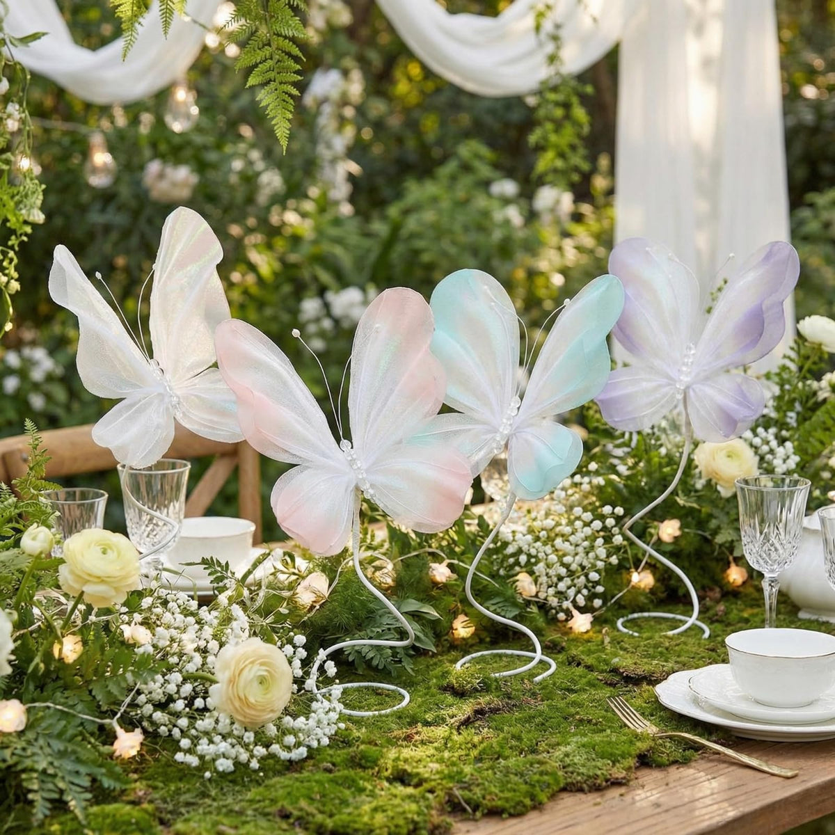 Roowest 4 Pcs Butterfly Centerpiece for Table Pastel Butterfly Decoration Large Gradient 3D Silk Flying Butterflies Pink Purple Green White Tabletop Decor for Birthday Wedding Baby Shower