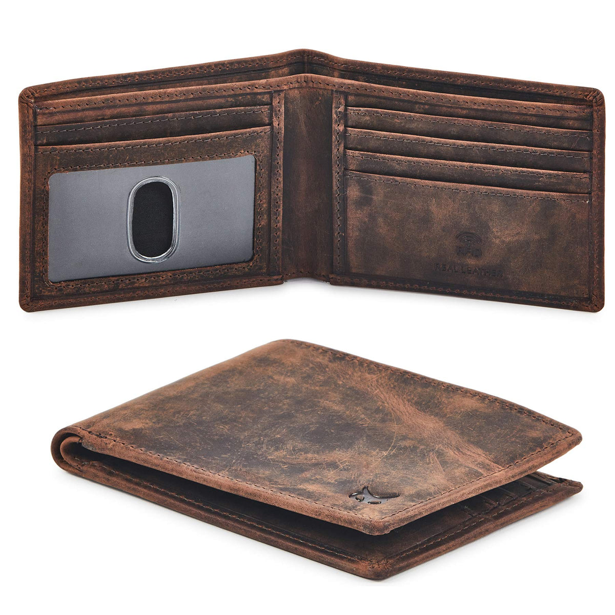 Real Leather Mens Bifold Wallet RFID Blocking Slim Minimalist Front Pocket - Thin & Stylish with ID Window in Gift Box (Crazy Horse, Cognac).