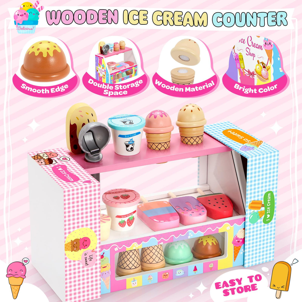 INNOCHEER Ice Cream Toy, Wooden Ice Cream Play Set, Pretend Play Kitchen Toys, Ice Cream Toys for Toddlers, Ice Cream Shop Playset Play Store, Gifts Toys for 3 4 5 6 7 8+ Year Old Girls Boys
