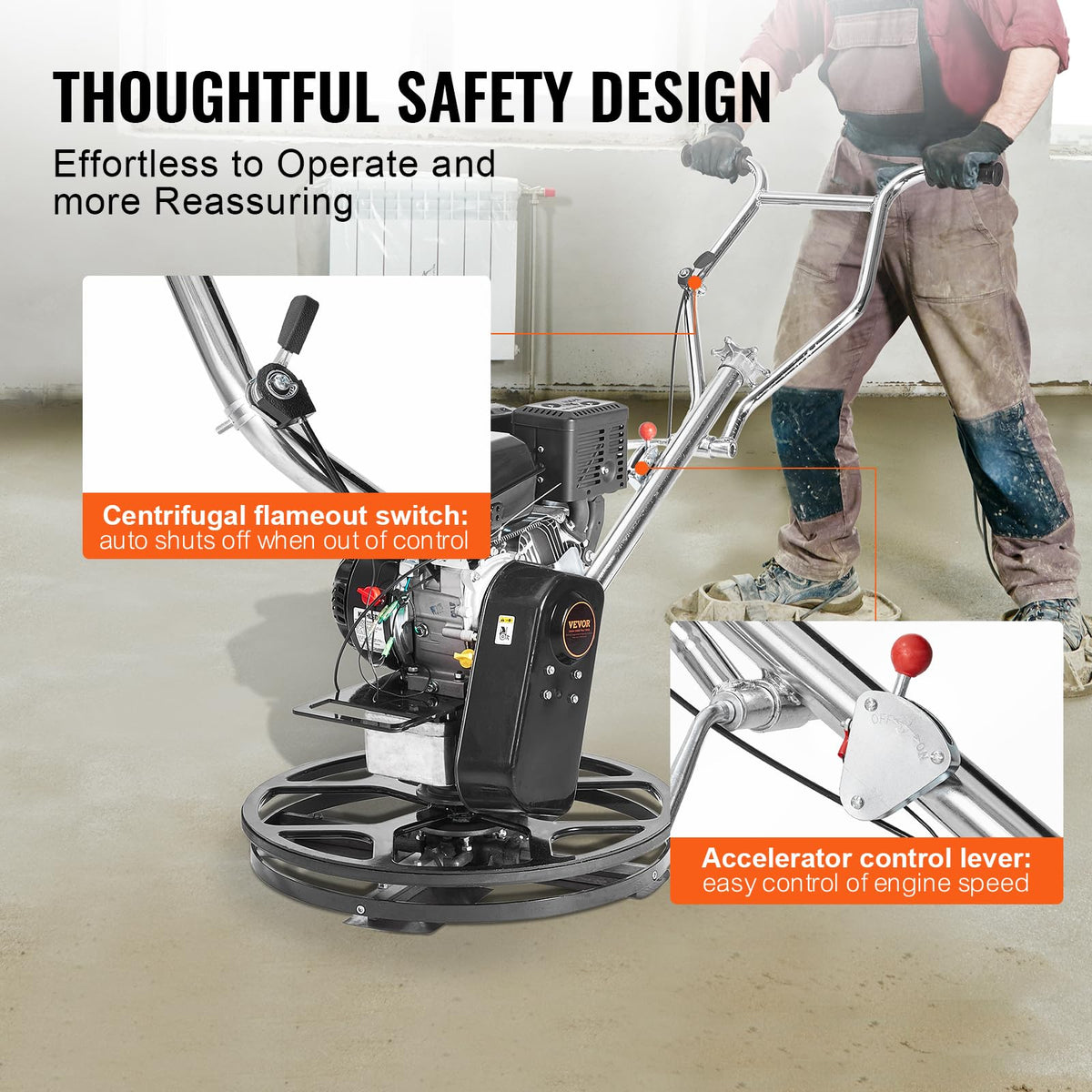 VEVOR Power Trowel 24 inch, 6HP Gas-Powered Smooth Concrete with Float Pan, Heavy Duty Commercial Screed Concrete Cement with Finishing Blade