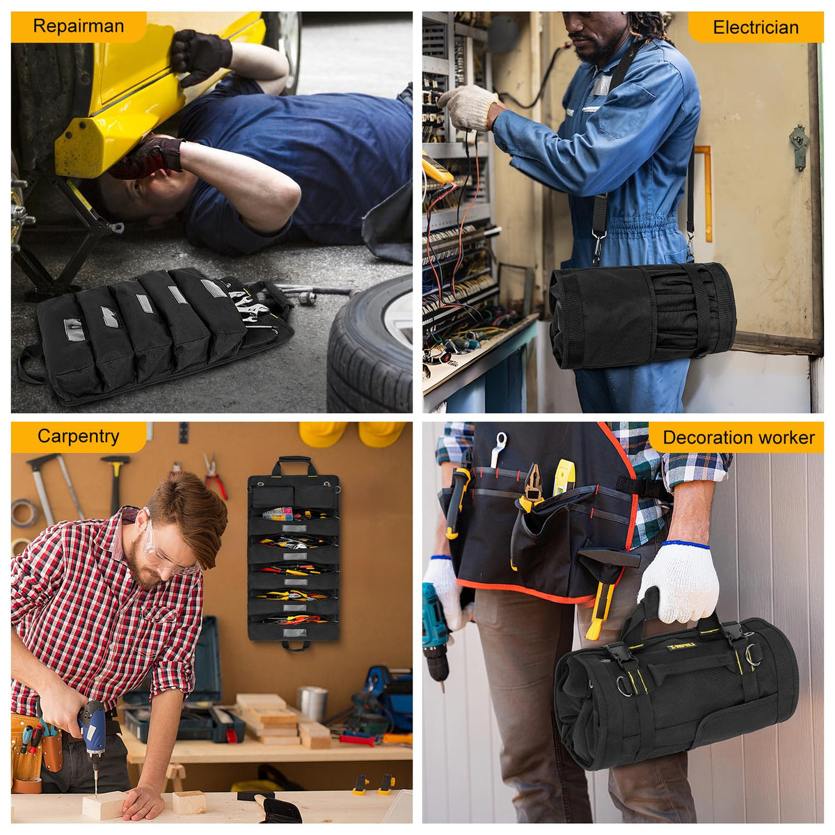 Tool Bag,Large Roll Up Tool Bag Organizer,13 Pockets Tool Roll Storage Pouch,Heavy Duty Portable Tool Storage Carrier Bag for Men,Mechanic,Electrician,Valentines Day Gifts for Men,Black