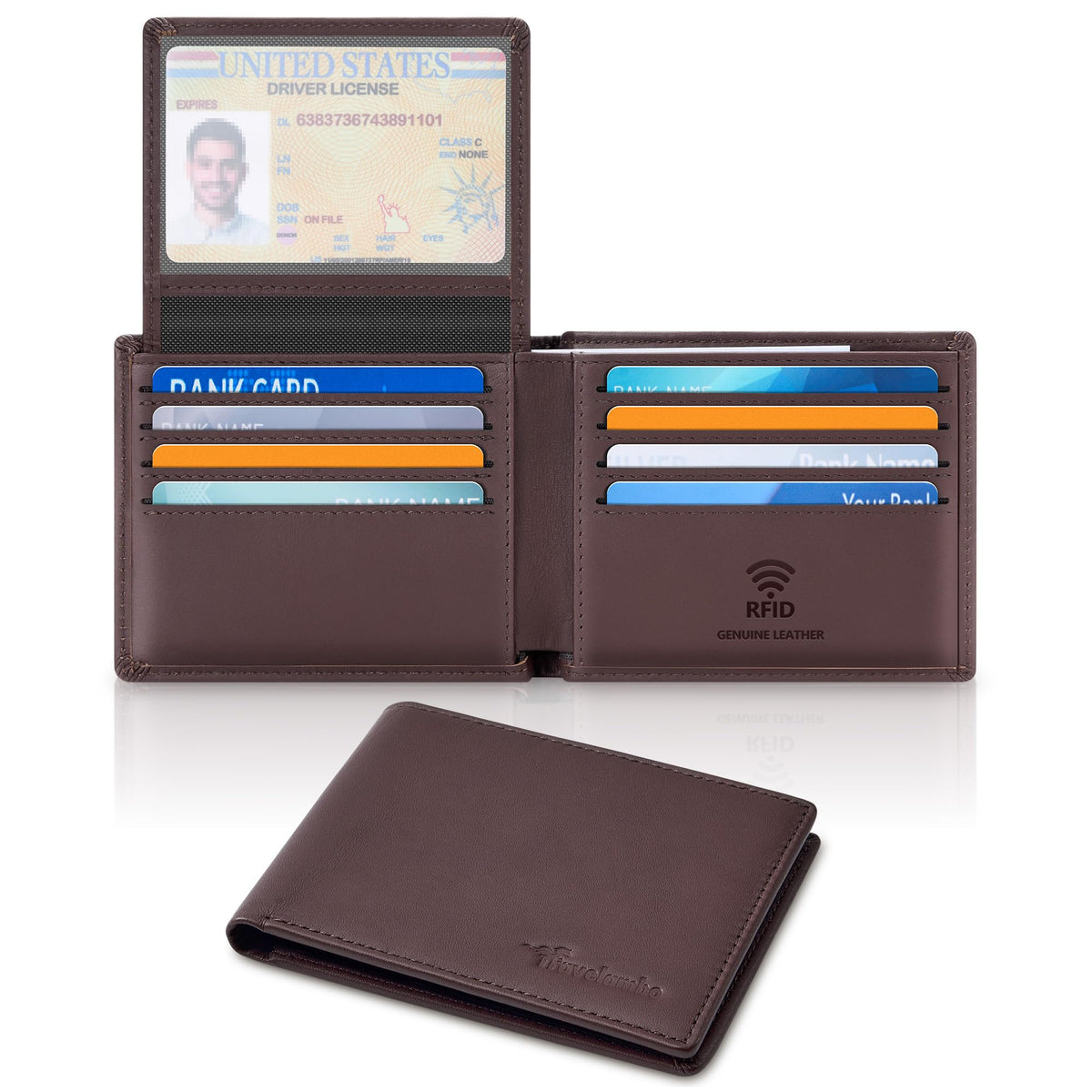 Travelambo Genuine Leather Wallet for Men with Gift Box - Handmade Bifold Stylish - Mens Wallets Rfid Blocking with 2 ID Windows