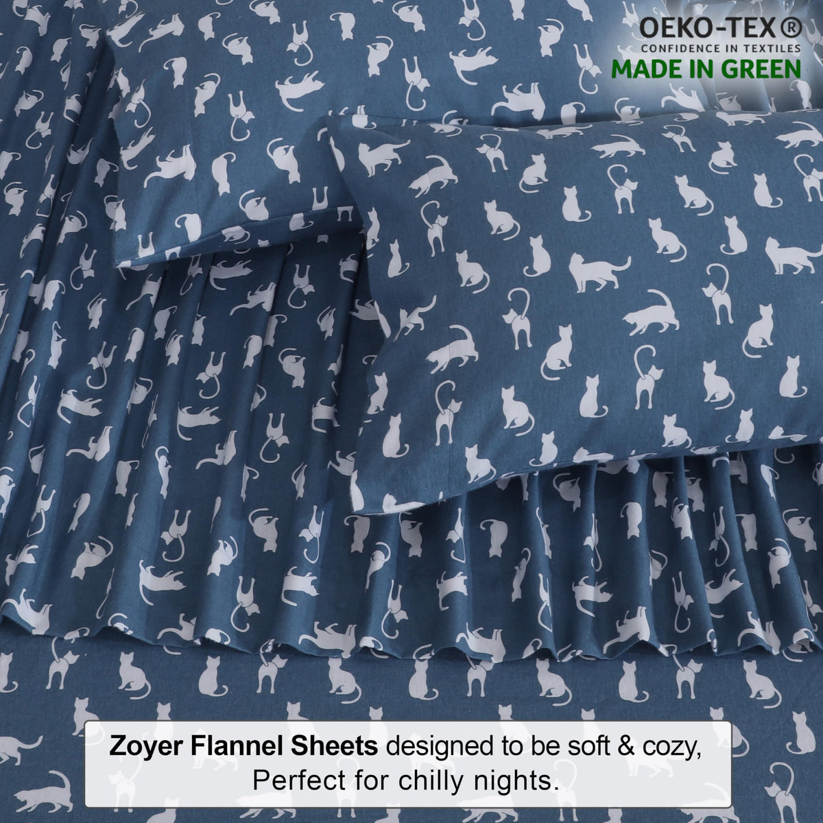 ZOYER Flannel Sheets Queen Size - 100% Cotton Double Brushed Bed Sheets, Deep Pockets 16 Inches Queen Sheet Set, All Seasons Breathable & Extra Soft - Warm & Cozy, 4 Piece, White Cat