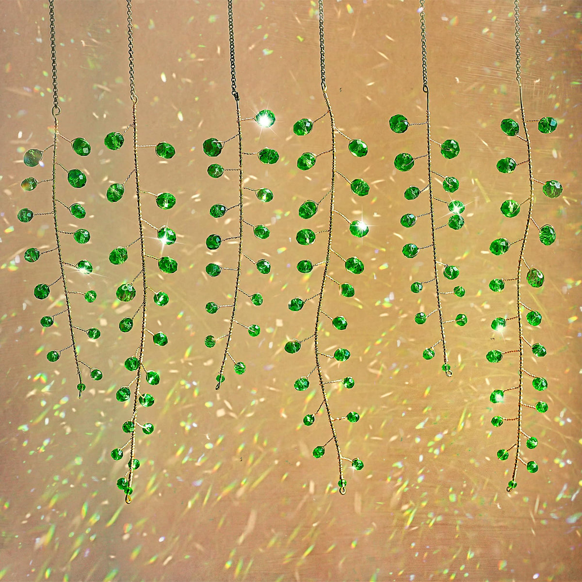 H&D HYALINE & DORA 6 Pcs Crystal Beaded Suncatchers Artificial Green Plants Hanging Wind Chime with Chain for Window Indoor Outdoor Potted Plants Decorations Plant Lover Gift