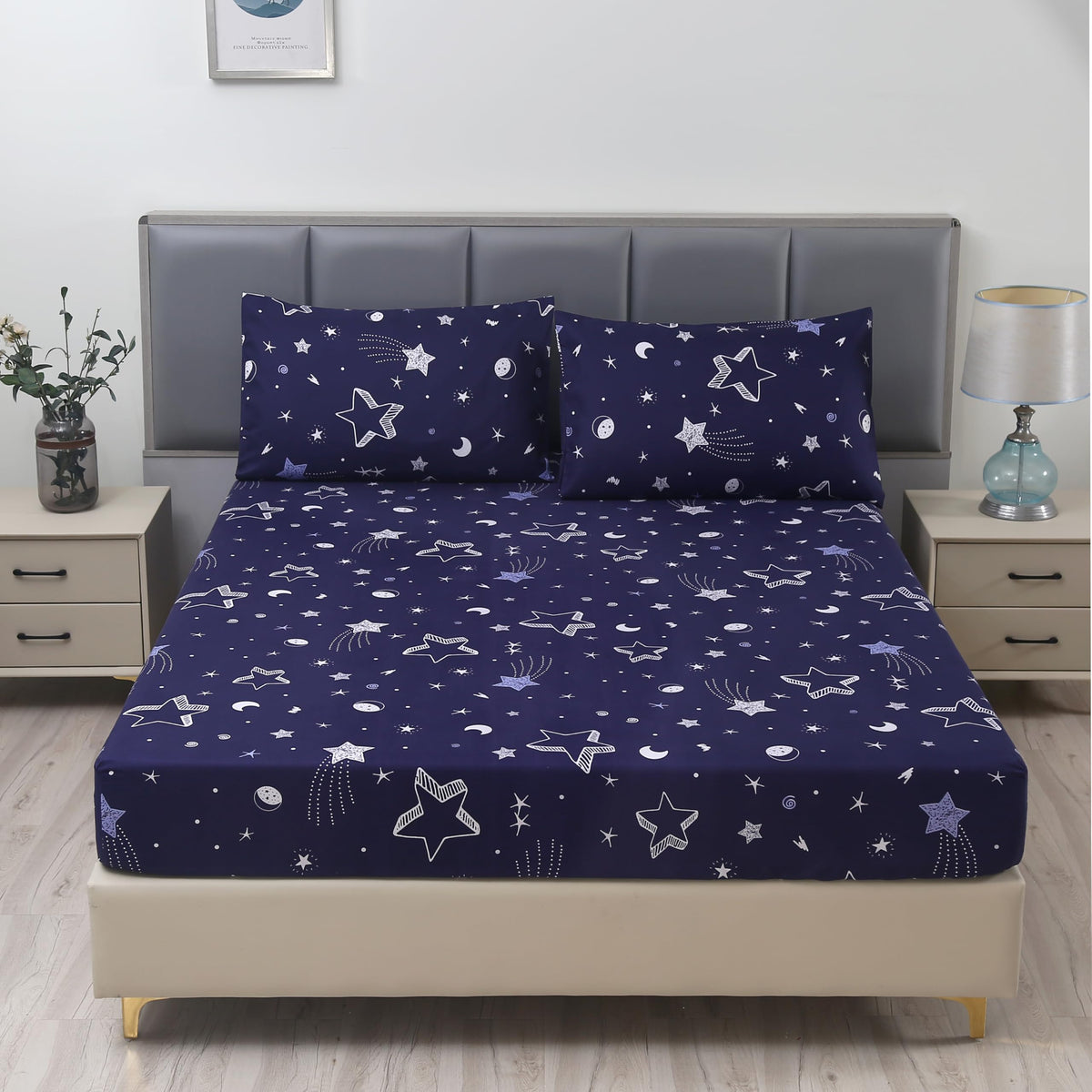 MAG 3pcs Purple Star Full Bed Sheet,Galaxy Space Microfiber Fitted Sheets with1 Fitted and 2 Pillowcases,14 Inches Deep (Purple and White,Full)