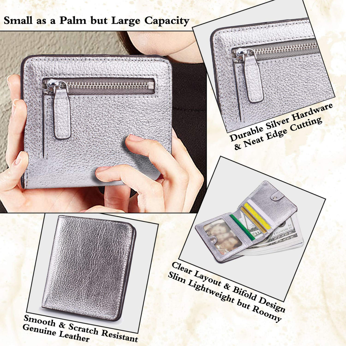 AINIMOER Small Leather Wallet for Women, Ladies Credit Card Holder RFID Blocking Women's Mini Bifold Pocket Purse, Silver