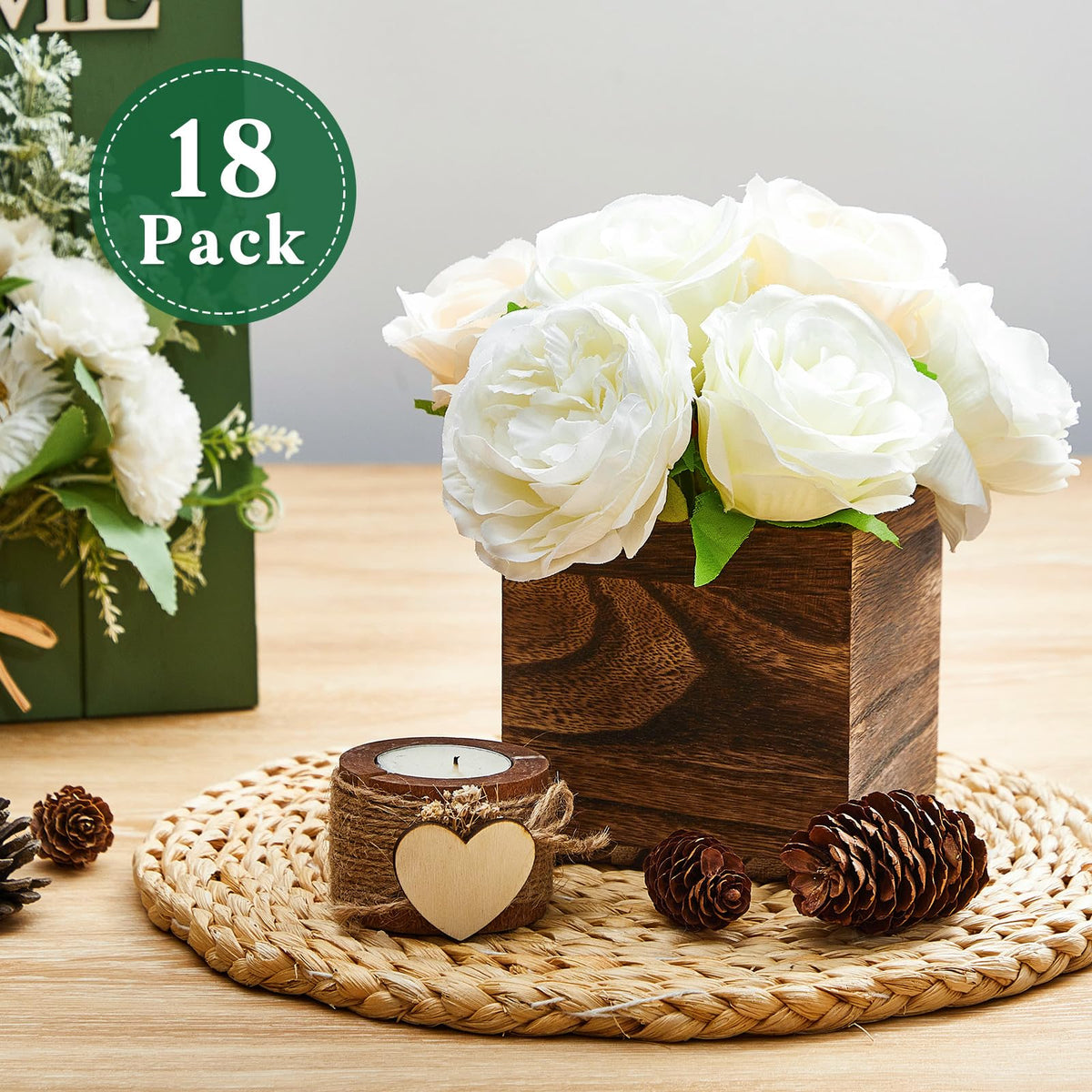 Dandat 18 Set Wood Cube Planter Box Square Wood Vase Rustic Cube Planter Box with Removable Plastic Liner Floral Foam Blocks for Centerpieces Home Wedding Garden Decor, Country Style (Brown)