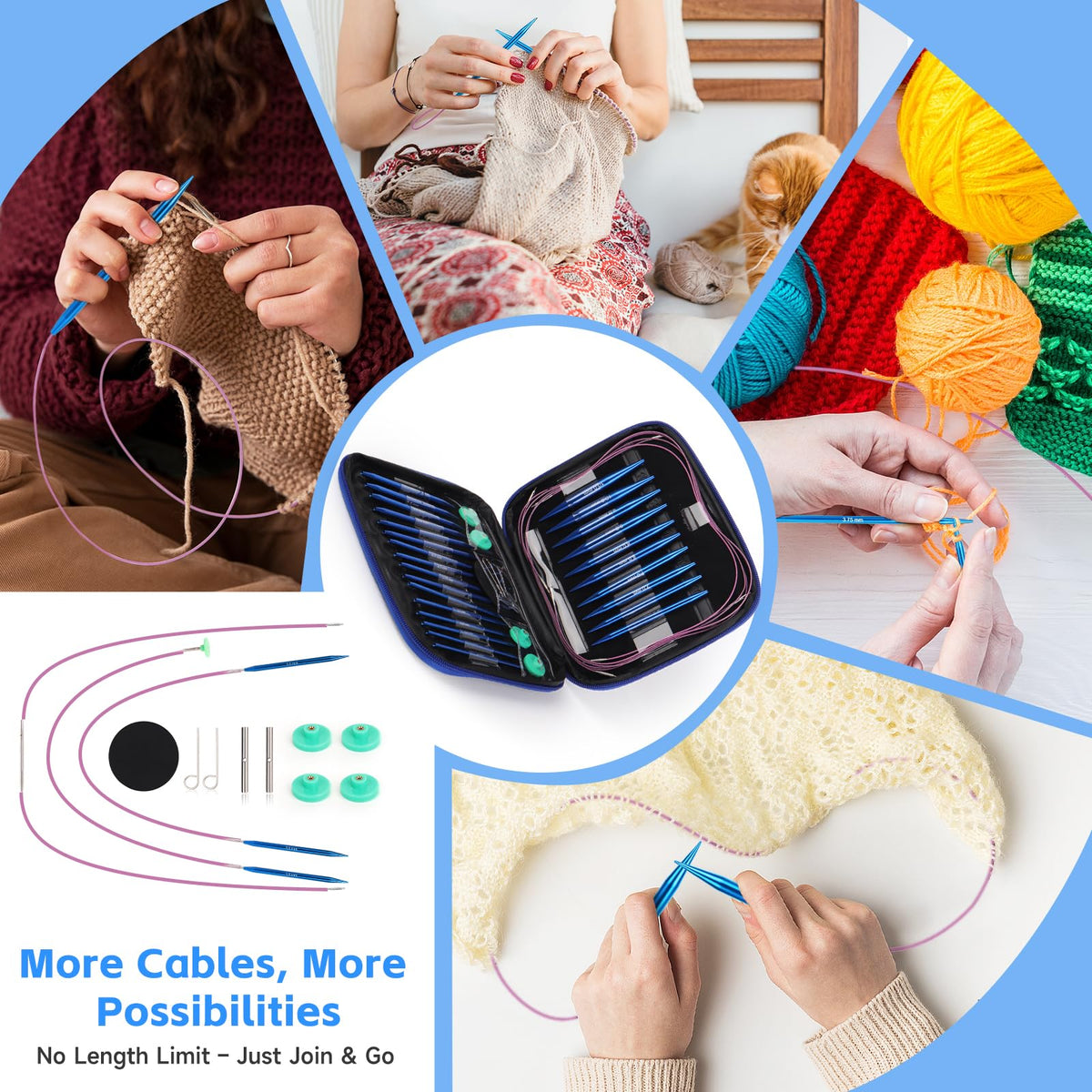 Interchangeable Circular Knitting Needles Set, 13 Pairs (26pcs) Aluminum Knitting Needles Kit, Sizes 3.0mm-10.0mm, Knitting Needle Case & Accessories, for Knitting Projects, Beginners & Advanced