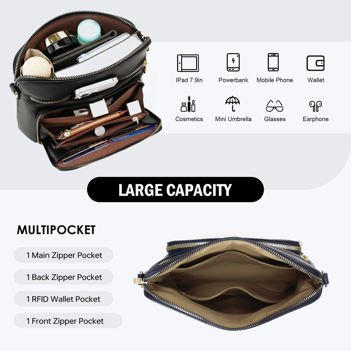 Goinsound RFID Crossbody Bag for Women Crossbody Purses for Women with Built in Wallets Black