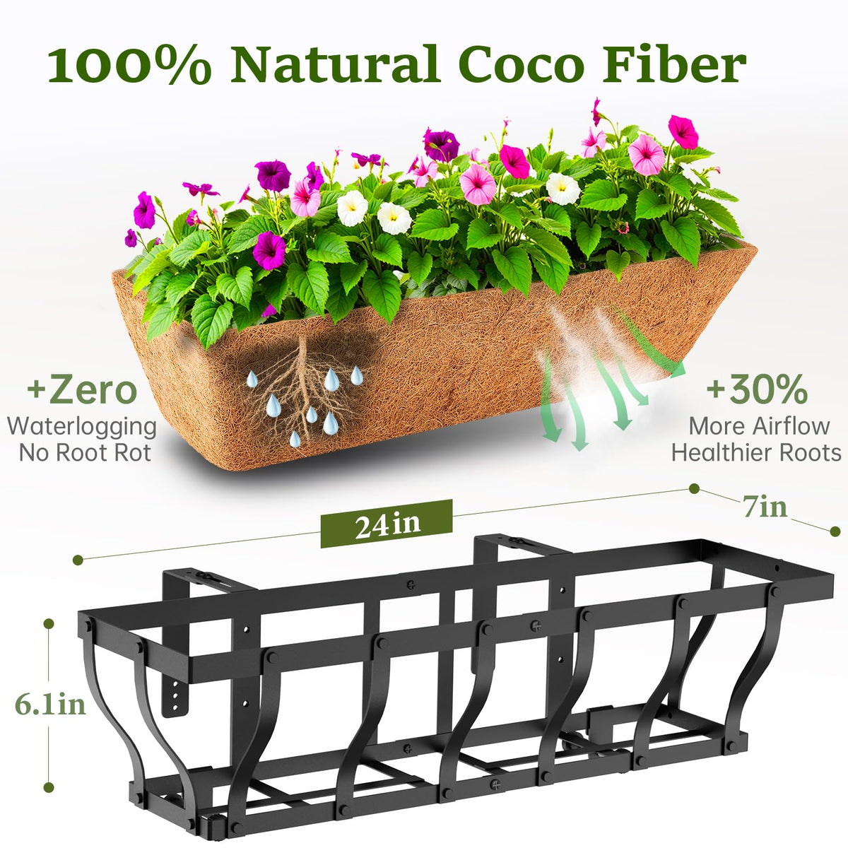 VOXOR Railing Planter Boxes, Heavy Duty Window Box Planters, Adjustable Balcony Planters for Railing Hanging, with Coco Liner & Support Rod for Deck, Porch, and Patio Gardening (3 Pack, 24 Inch)