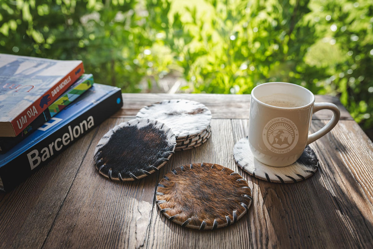 Sunshine Cowhides Natural Cowhide Coaster - 4.5" Round Assorted Tones Genuine Leather Coasters for Coffee Table, & Dining Tables, Ideal Cow Print Kitchen Accessories for Home & Office - Set of 8