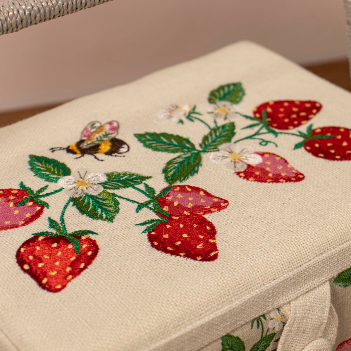 Hobby Gift Medium Sewing Box Organiser, Fabric Covered Storage Box with Handle, Internal Tray, Pin Cushion and Pocket for Sewing, Quilting and Knitting Supplies