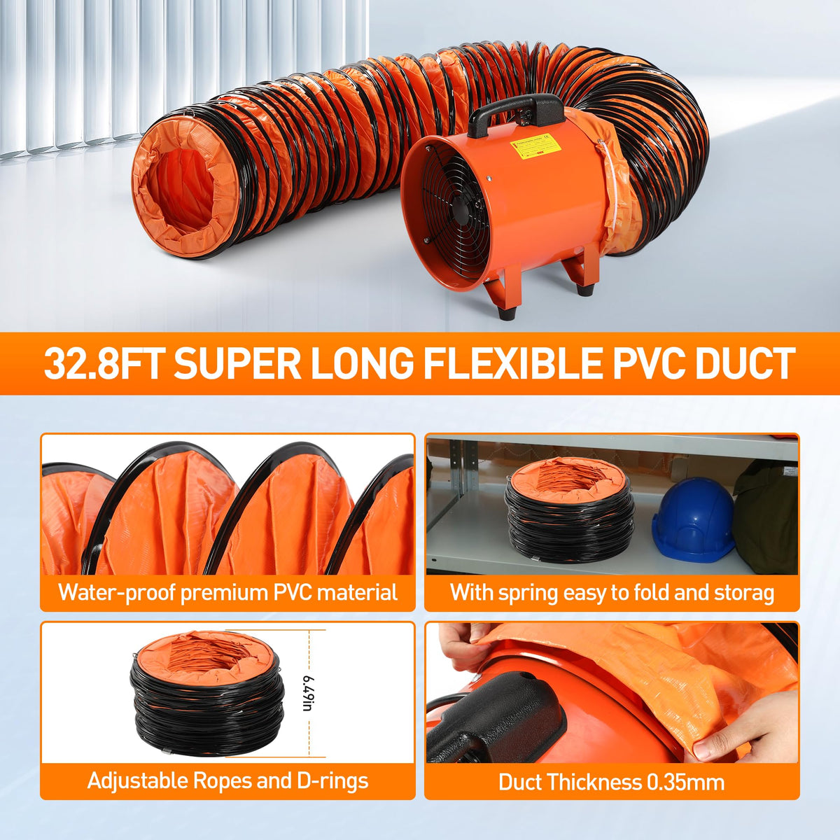 Rengue 12 Inch Utility Blower/Exhaust Fan with 32.8ft Duct Hose, 1900 or 2800r/min Two Modes Heavy Duty Ventilation Fan, High Velocity Extraction and Ventilation with Flexible PVC Hose