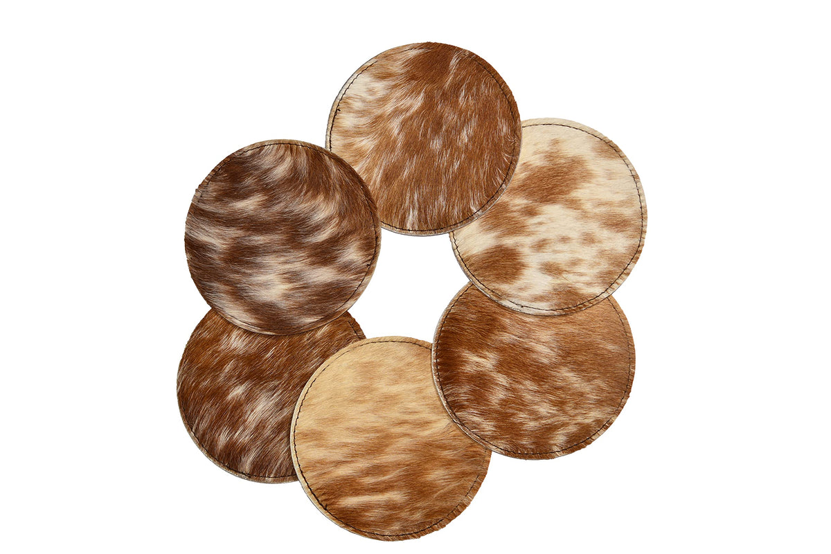 NGF Cowhide Coaster Set of 6 pcs Natural Cowhide Drink Coasters Hair On Round Coasters Leather Tea Cup Coasters Home Decor & Home Living Ideas Multicolor 4.5 x 4.5 x 0.5 inches