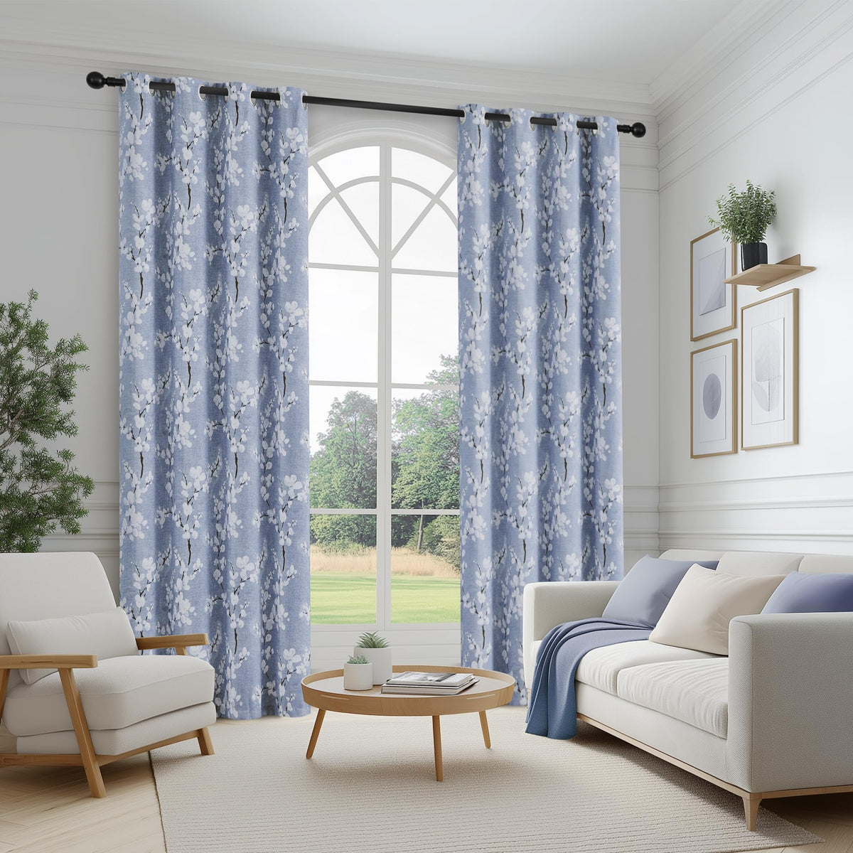 FMFUNCTEX 100% Blackout Floral Curtains for Bedroom, Blue Curtains 63 inch Length Blossom Flower Patterned for Living Room, Thermal Insulated Farmhouse Drapes, Grommet Top 2 Panels (White on Blue)